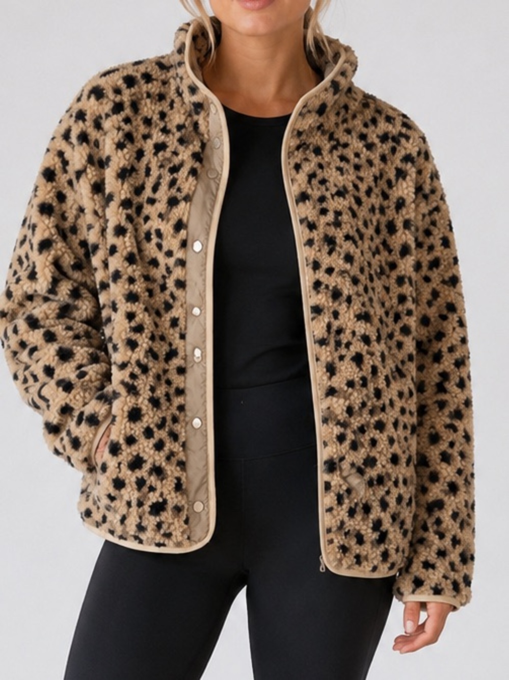 Fabletics XXL Leopard Sherpa Fleece Snap Front Jacket